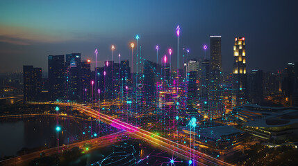 Fototapeta premium Smart digital Innovation city with connection network reciprocity over the twilight cityscape. of future smart wireless digital city and social media networking systems that connects people with city