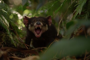 Obraz premium A Tasmanian devil with a fierce expression, its sharp teeth bared, in a dense forest undergrowth.