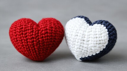 Fototapeta premium Two knitted heart shapes, one red and striped, on gray background