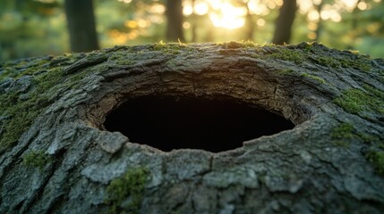 Sunlit forest hollow tree trunk hole background