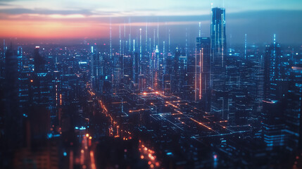 Fototapeta premium Smart digital Innovation city with connection network reciprocity over the twilight cityscape. of future smart wireless digital city and social media networking systems that connects people with city