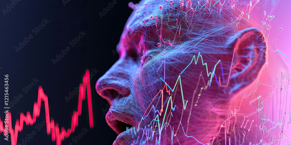 Poster wireframe head with overlaid line graphs