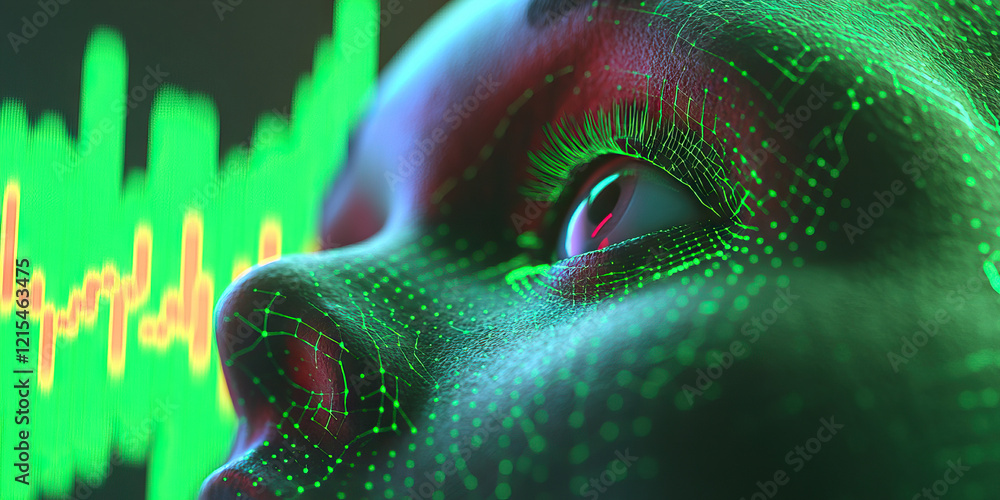 Poster human face with biometric data overlay and graph background
