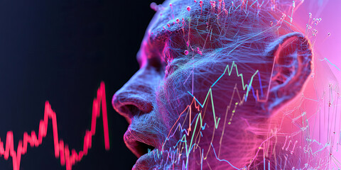 Wireframe Head with Overlaid Line Graphs