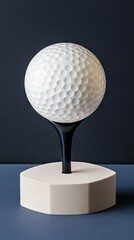 Detailed depiction of a golf ball on a tee placed on a light-colored base against a dark background in a minimalist setting