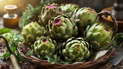 Obraz premium Freshly harvested artichokes displayed in a rustic basket on a wooden table