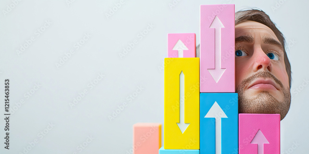 Poster man's face partially obscured by stack of colored blocks with arrows