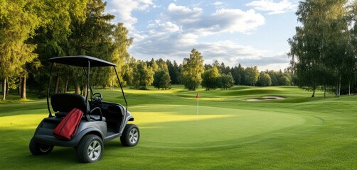 A golf cart is parked beside a putting green that is beautifully surrounded by lush green trees on a bright, sunny day