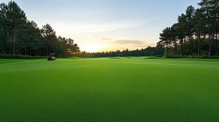 A sprawling green golf course stretches out under a stunning sunset, with a maintenance cart visible in the distance