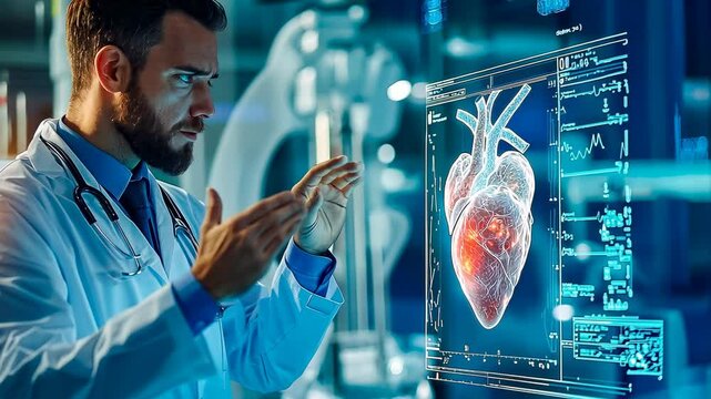 Doctor analyzing digital heart model laboratory,nighttime innovation.Medical professional examines cardiac visualization late night.Specialist studies simulation.Research advanced