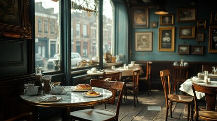 Obraz premium Sunny Parisian cafe breakfast, street view