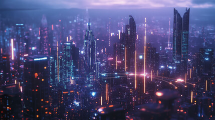 Fototapeta premium Smart digital Innovation city with connection network reciprocity over the twilight cityscape. of future smart wireless digital city and social media networking systems that connects people with city