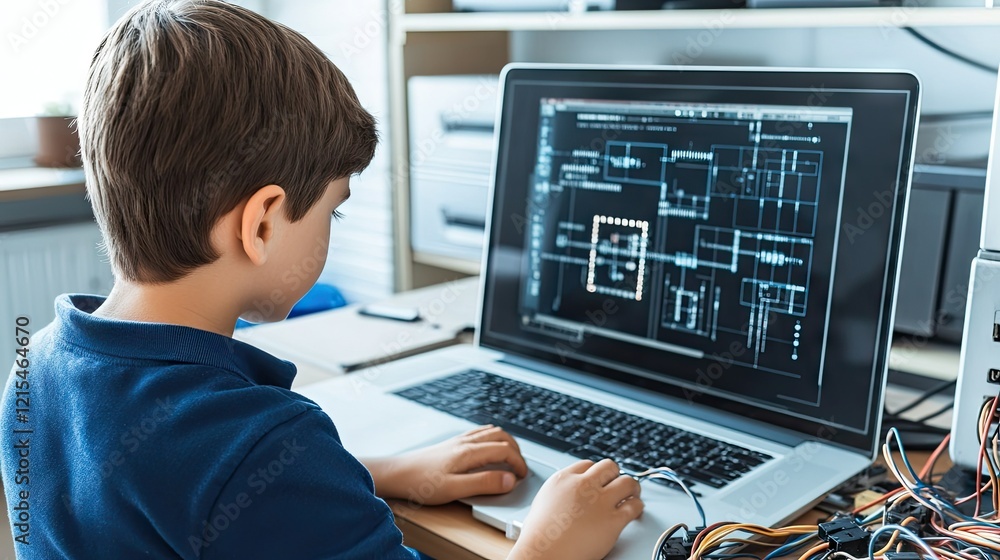 Poster young boy engaged in programming on laptop while seated at home workspace surrounded by electronic c