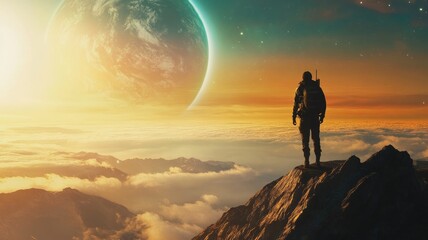 Lone astronaut gazes at distant planetscape from mountain peak
