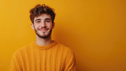 Fototapeta premium Smiling young man in yellow sweater with textured background