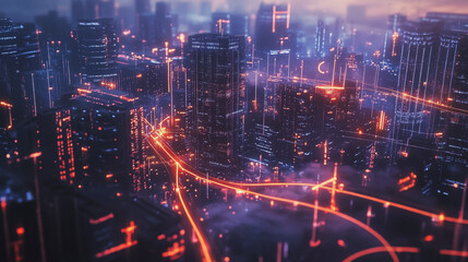 Fototapeta premium Smart digital Innovation city with connection network reciprocity over the twilight cityscape. of future smart wireless digital city and social media networking systems that connects people with city