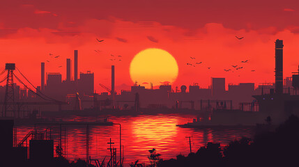 A crimson sunset over the harbor. Crimson Harbor. Illustration