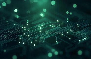 Obraz premium 3d rendering of green digital technology background with circuit board and binary code in dark room for online connection concept. Abstract futuristic design 