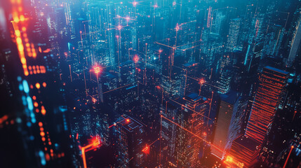 Fototapeta premium Smart digital Innovation city with connection network reciprocity over the twilight cityscape. of future smart wireless digital city and social media networking systems that connects people with city