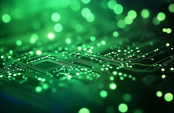 3d rendering of green digital technology background with circuit board and binary code in dark room for online connection concept. Abstract futuristic design 