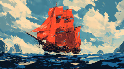 Colossal crimson ship majestically sails across the expansive blue ocean massive. Crimson Harbor. Illustration