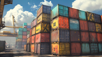 Fototapeta premium Colorful stack of weathered cargo shipping containers. Crimson Harbor. Illustration