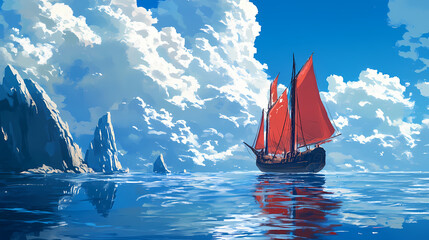 Colossal crimson ship majestically sails across the expansive blue ocean massive. Crimson Harbor. Illustration