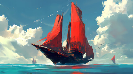 Colossal crimson ship majestically sails across the expansive blue ocean massive. Crimson Harbor. Illustration