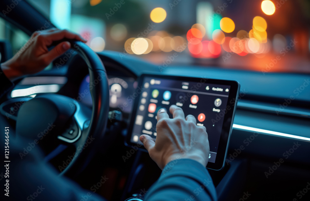 Poster person uses touchscreen dashboard in modern car. hands interact with vehicle tech. evening scene in 