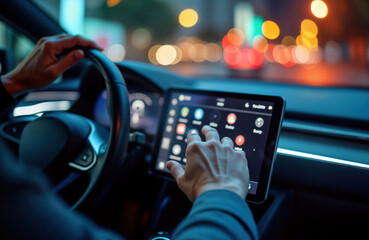 Person uses touchscreen dashboard in modern car. Hands interact with vehicle tech. Evening scene in city. Person driving smart car. Emphasis on innovative automotive tech, mobile device integration.