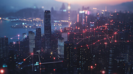 Fototapeta premium Smart digital Innovation city with connection network reciprocity over the twilight cityscape. of future smart wireless digital city and social media networking systems that connects people with city