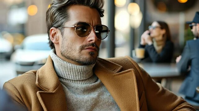 Urban cafe relaxation: stylish man in sunglasses enjoying a cozy moment