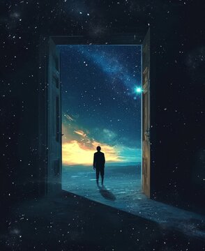 Man Standing in Ancient Doorway Looking at Cosmic Galaxy, Fantasy Exploration