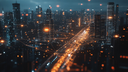 Obraz premium Smart digital Innovation city with connection network reciprocity over the twilight cityscape. of future smart wireless digital city and social media networking systems that connects people with city