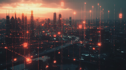 Obraz premium Smart digital Innovation city with connection network reciprocity over the twilight cityscape. of future smart wireless digital city and social media networking systems that connects people with city