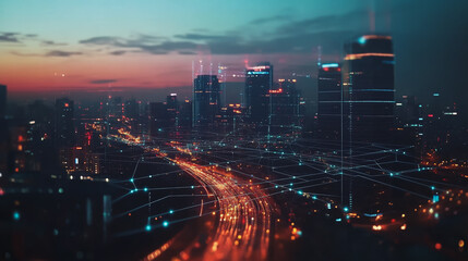 Obraz premium Smart digital Innovation city with connection network reciprocity over the twilight cityscape. of future smart wireless digital city and social media networking systems that connects people with city