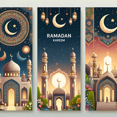 Ramadan Kareem Set of posters, cards, holiday covers. Arabic text translation Ramadan Kareem. Modern beautiful design in pastel colors with mosque, moon crescent, stars in the sky, arches window
