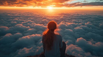 Obraz premium Flying above clouds at sunrise showcasing adventure and travel wonders