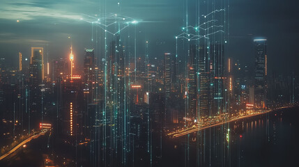 Fototapeta premium Smart digital Innovation city with connection network reciprocity over the twilight cityscape. of future smart wireless digital city and social media networking systems that connects people with city