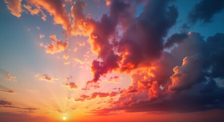 Naklejka premium Colorful dramatic sunset sky with vibrant clouds. Sunrays illuminate clouds in shades of orange red and purple. Stunning cloudscape. Epic view of nature. Ideal for background or wallpaper.