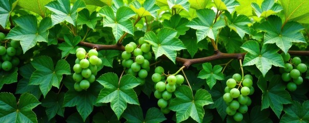 Fototapeta premium Lush green grapevine with intertwined clusters, intertwined, foliage