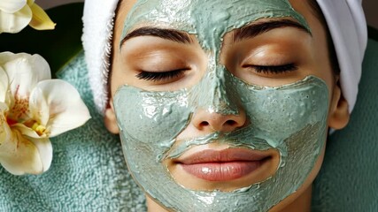 Woman relaxing with a facial mask, surrounded by orchids, capturing wellness and tranquility
