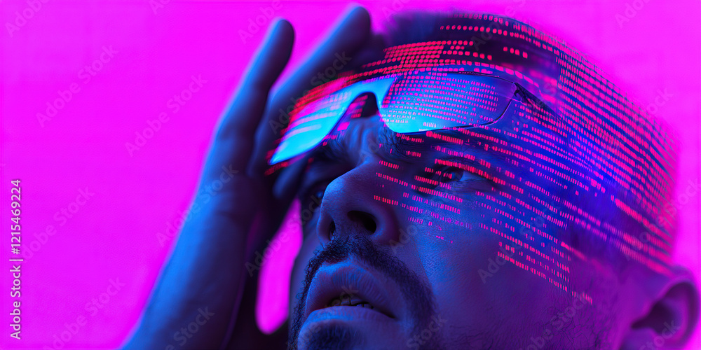Poster man wearing futuristic glasses with projected code overlay