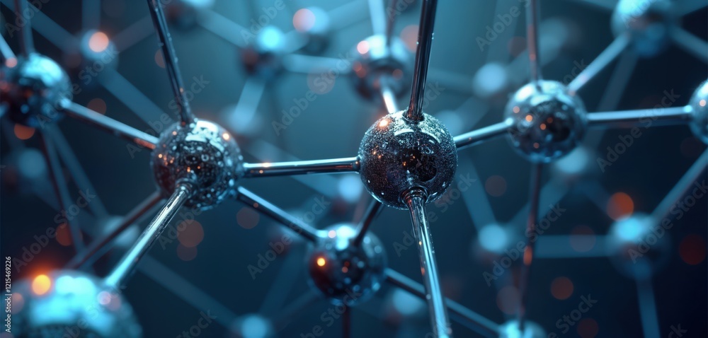 Poster futuristic molecular structure design features intricate network of metallic spheres. elegant, vibra