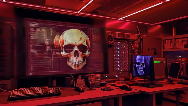 Skull icon displayed screen red-lit room.Monitors glow eerie light.Technology meets ominous theme.Command center evoking cyber threats.Ambiance suggests imminent danger.