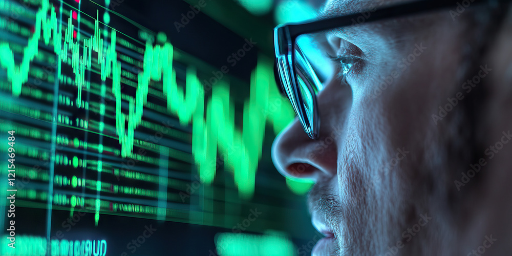 Poster man observing stock market data on computer screen