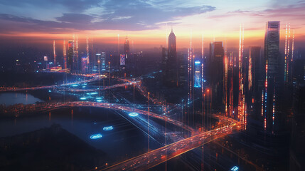 Fototapeta premium Smart digital Innovation city with connection network reciprocity over the twilight cityscape. of future smart wireless digital city and social media networking systems that connects people with city