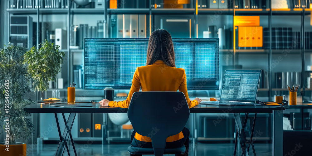 Poster digital office worker at desk with multiple screens in modern business office for remote and online 