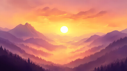 Obraz premium Spectacular sunrise over mountain ridges with layers of fog and golden light. Dawn Ridge. Illustration
