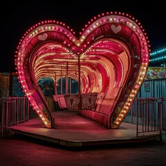 Illuminated Heart-Shaped Fairground Ride at Night